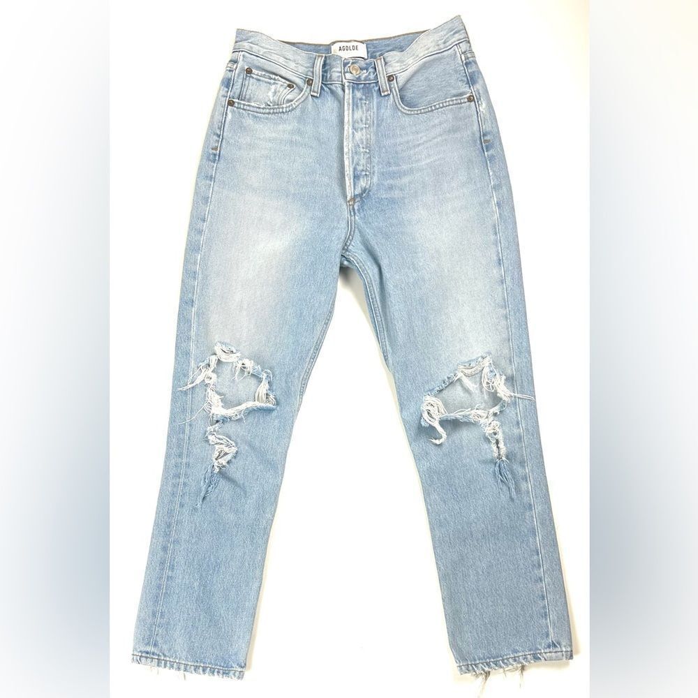 Agolde Riley High Rise Straight Crop Distressed Ripped Knee Jeans - Picture 6 of 15